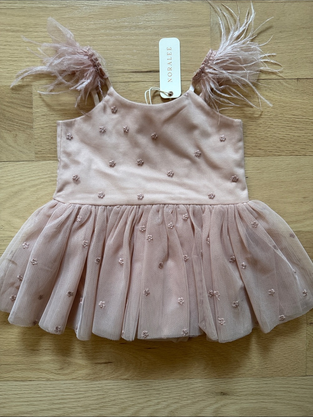 Noralee Blush Feather Strap Tulle Dress